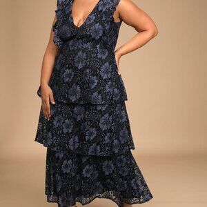 Lulus Navy Blue Lace Ruffled Tiered Sleeveless Maxi Dress